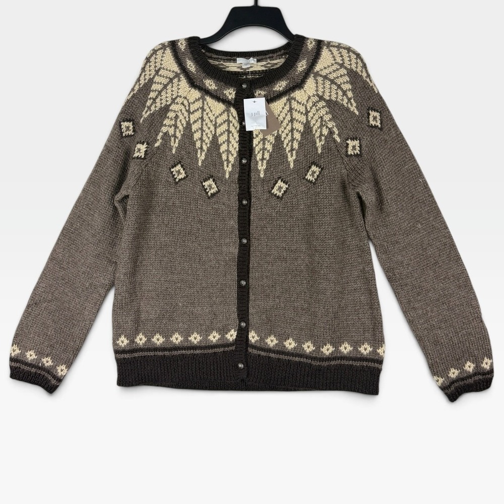 J. Jill Cardigan Sweater Nordic Fair Isle Womens M Brown Wool Blend NWT